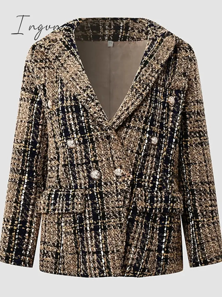 Ingvn - Women's Blazer Tweed Plaid Long Sleeve Coat Fall Winter Business Double Breasted Regular Jacket Green Brown XL 2XL 3XL