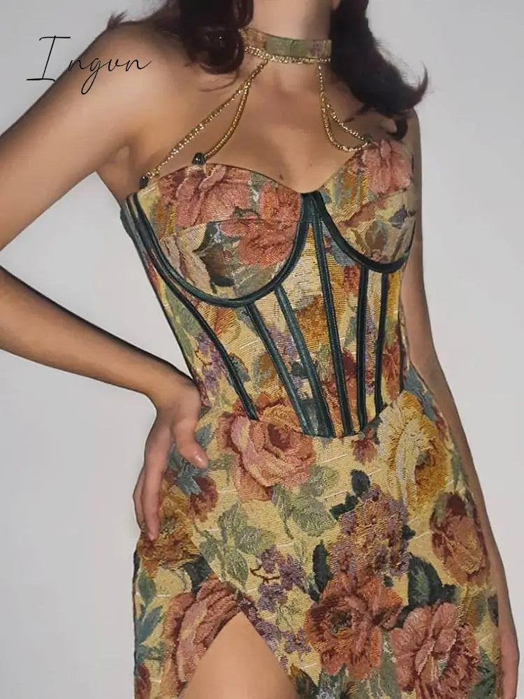 Ingvn - Floral Mini Dress Corsets Chain Halter Backless Dress Women Sexy Sleeveless Summer Streetwear  Chic Party Clothes