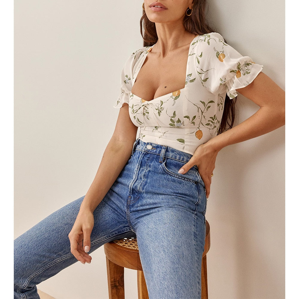 Summer Tops For Women Sweetheart Neck Tie Bow Fruit Print Blouses Back Smocked Short Puff Sleeve Elegant Chiffon Blouse