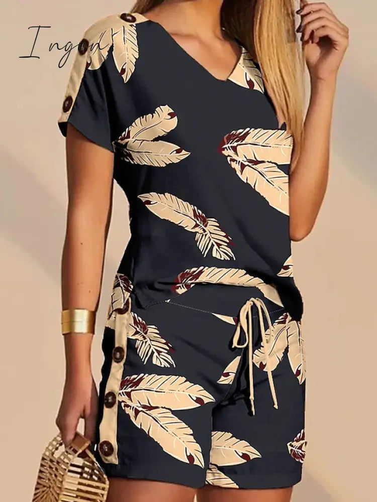 Ingvn - Women's T shirt Tee Shorts Sets Baggy Shorts Streetwear Black White Casual Daily Graphic Floral Drawstring Print V Neck S M L XL 2XL