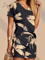 Ingvn - Women's T shirt Tee Shorts Sets Baggy Shorts Streetwear Black White Casual Daily Graphic Floral Drawstring Print V Neck S M L XL 2XL