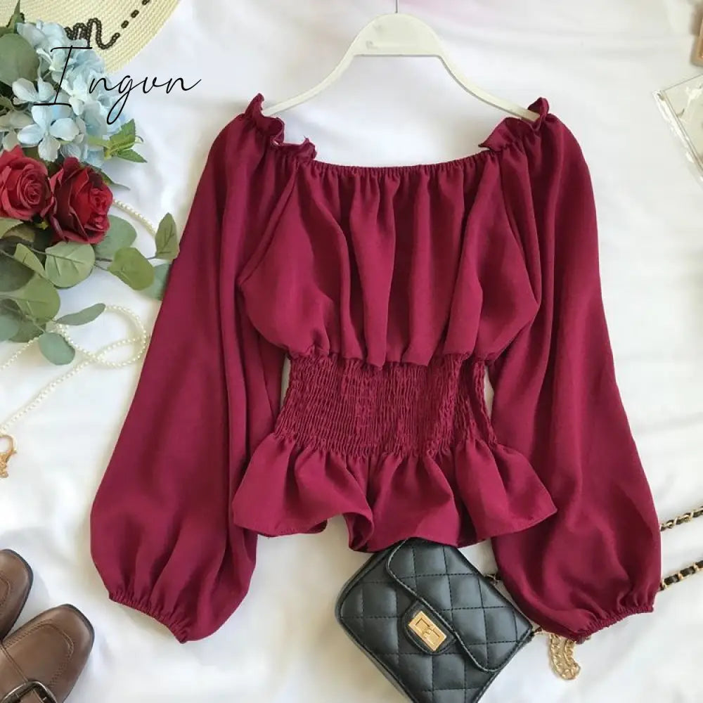 Ingvn - Youth Elegant Blouse Women Chiffon Fashion Blouse Off Shoulder White Shirt Ruffle Puff Sleeve Top Office wear