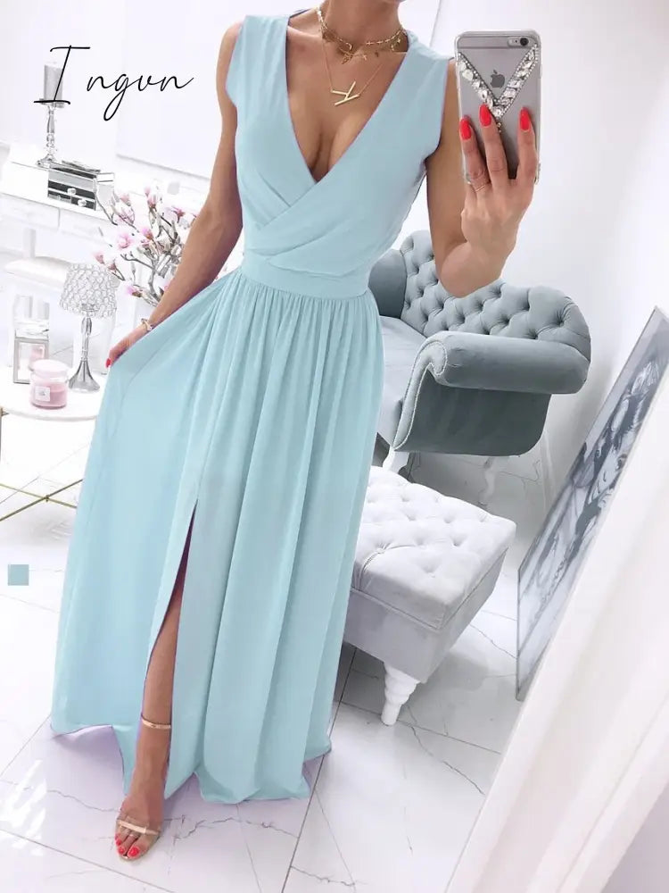 Ingvn - Sexy Long Evening Dress Elegant Dress For Women V-neck Side Split Party Dresses Female Summer Fashion Casual Club Ladies Clothes