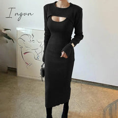 Ingvn - Knitted Women Clothing Bodycon Vintage Dresses Hollow Out Long Sleeve Slim Dress Party Streetwear Female Robe Vestidos