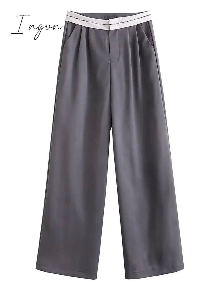 Ingvn - 2023 Women Fashion Side Pockets Patchwork Straight Pants Vintage High Waist Zipper Fly Female Casual Trousers Mujer