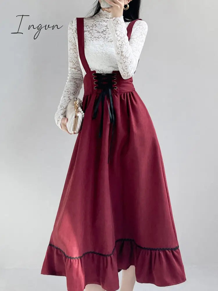 Ingvn - Spring Summer Women Long Midi Suspender Skirt Teen Girls Preppy Style Cute Lace-Up High Waist Ruffle A-Line Skirts