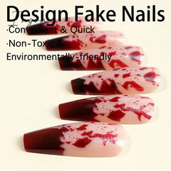 Halloween Red Bloodstain False Nails Long Coffin Ballet Full Cover Press on Nails Detchable Full Cover Fake Nail Patches 24pcs