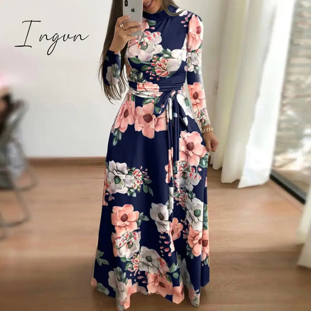 Ingvn - Flower Print Long Sleeve Maxi Dress Spring Autumn Casual Slim Sashes Long Dress Women Elegant Robe Party Dresses Plus Size S-5XL