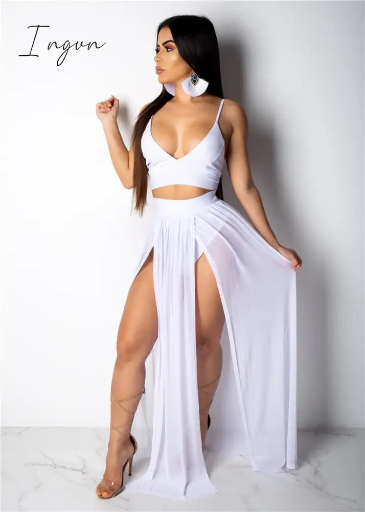 Ingvn - Sexy Women Set Two Pieces Spaghetti Strap Top Long Slit Skirt Summer Chiffon 2 Pieces Set Outfit Solid Pattern Outdoor Wear