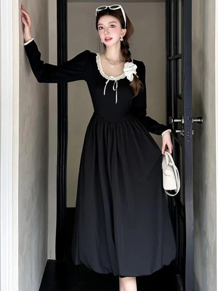 Autumn Sweet Black Midi Dresses for Women Elegant Long Sleeve Female Clothes Evening Party Dress Prom Robe Slim A-Line Vestidos
