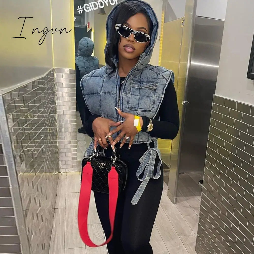 Ingvn - Winter Sleeveless Side Lace Up Vest Jacket Zipper Denim Hoodies Streetwear Women Clothing Fashion Outwear Crop Top