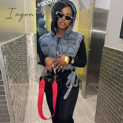 Ingvn - Winter Sleeveless Side Lace Up Vest Jacket Zipper Denim Hoodies Streetwear Women Clothing Fashion Outwear Crop Top