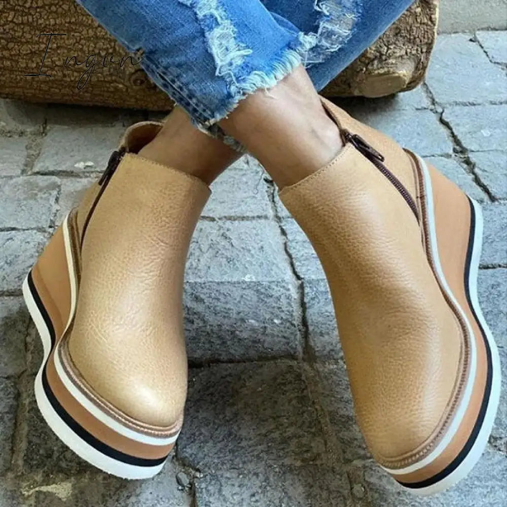 Ingvn - Women Solid Color Wedge Ankle Boots