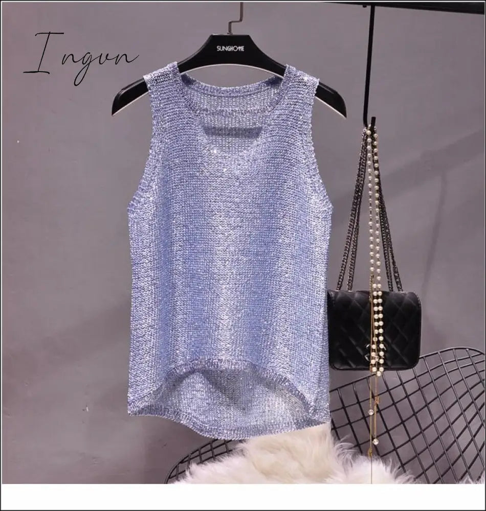 Ingvn - 2023 Summer New Sexy Hollow Sequined Knit Camisole Top Sleeveless Hollow Out Top Shirt Women's Loose Casual Crop Top Tops