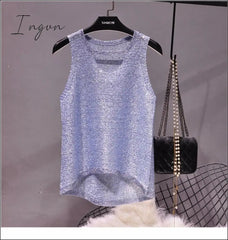 Ingvn - 2023 Summer New Sexy Hollow Sequined Knit Camisole Top Sleeveless Hollow Out Top Shirt Women's Loose Casual Crop Top Tops
