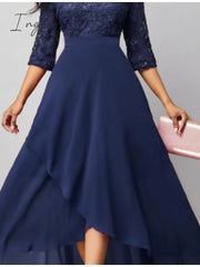 Ingvn - Women‘s Formal Party Dress Maxi long Dress Navy Blue 3/4 Length Sleeve Print Pure Color Ruched Lace Fall Winter V Neck Elegant Fashion Modern 2023 3XL