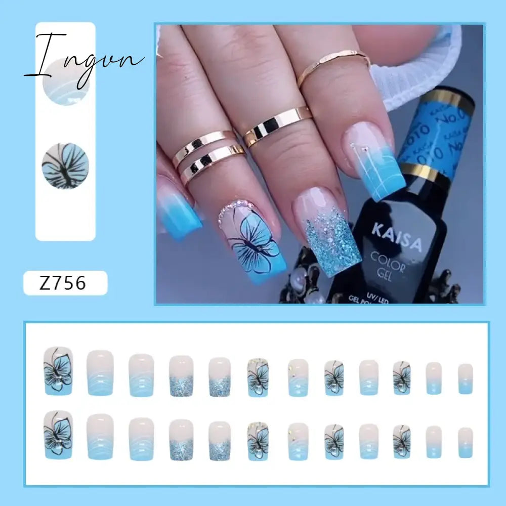 24pcs/Box Gradient Nail Art Patches False Nails Short Square Nail Blue Starry Glitter Teardrop Diamond Fake Nail Tips