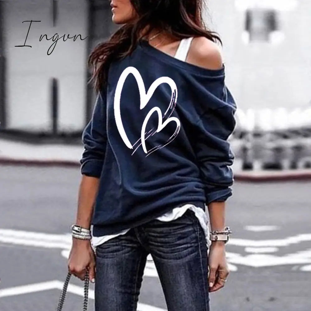 Ingvn - Women's Pullover Sweatshirt Heart Printed Long Sleeve One Shoulder Tops Autumn Winter Sweat Shirts Woman Casual Top