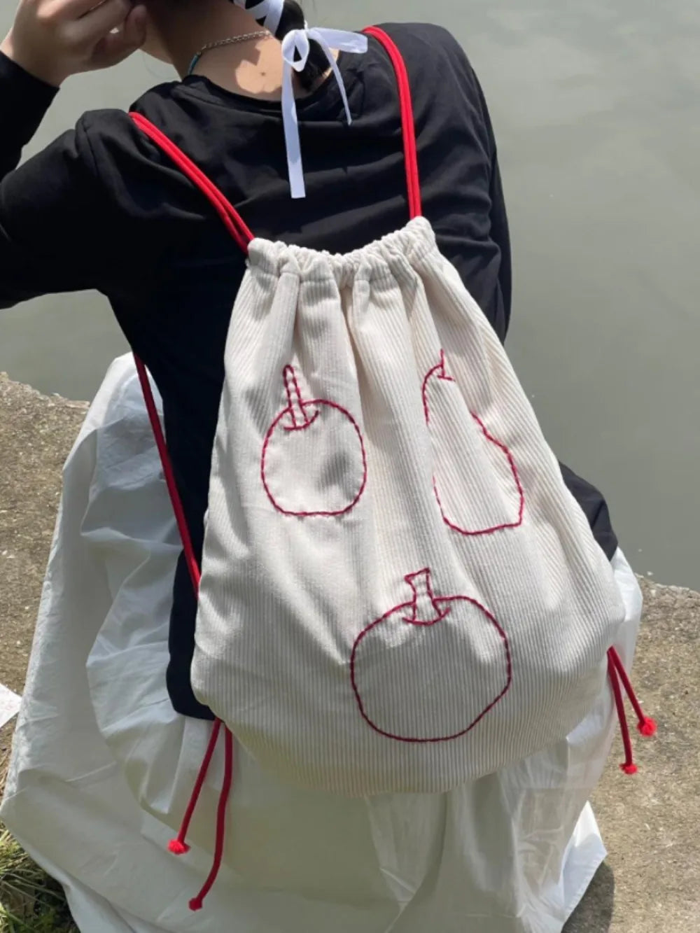 Ingvn  Practical New Lovely Daily All-match Versatile Backpacks Commuter Casual Print Apple Lace Up Bags Elegant Drawstring Luggage