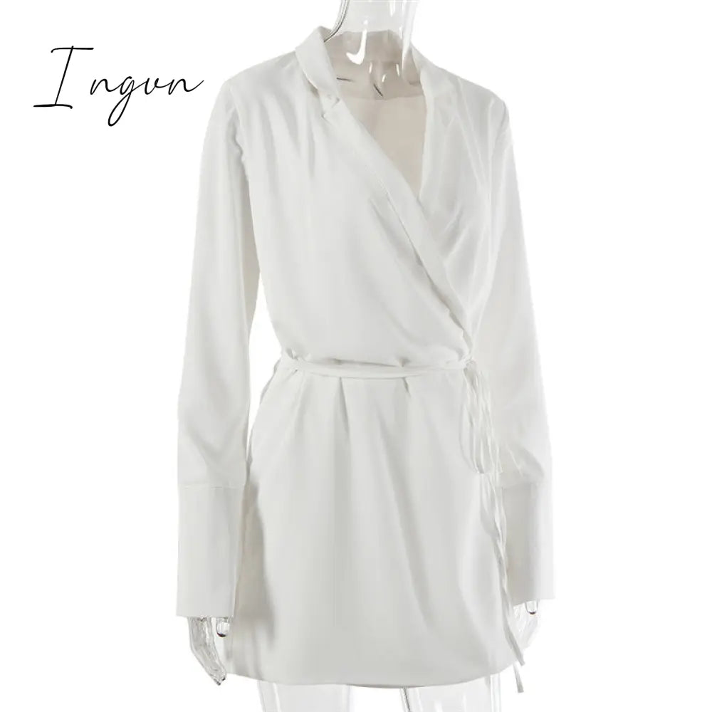 Ingvn - Black Satin V-Neck Shirt Dress Women Autumn Winter Flare Sleeve Lace Up Mini Dresses Elegant Ladies Party Vestidos