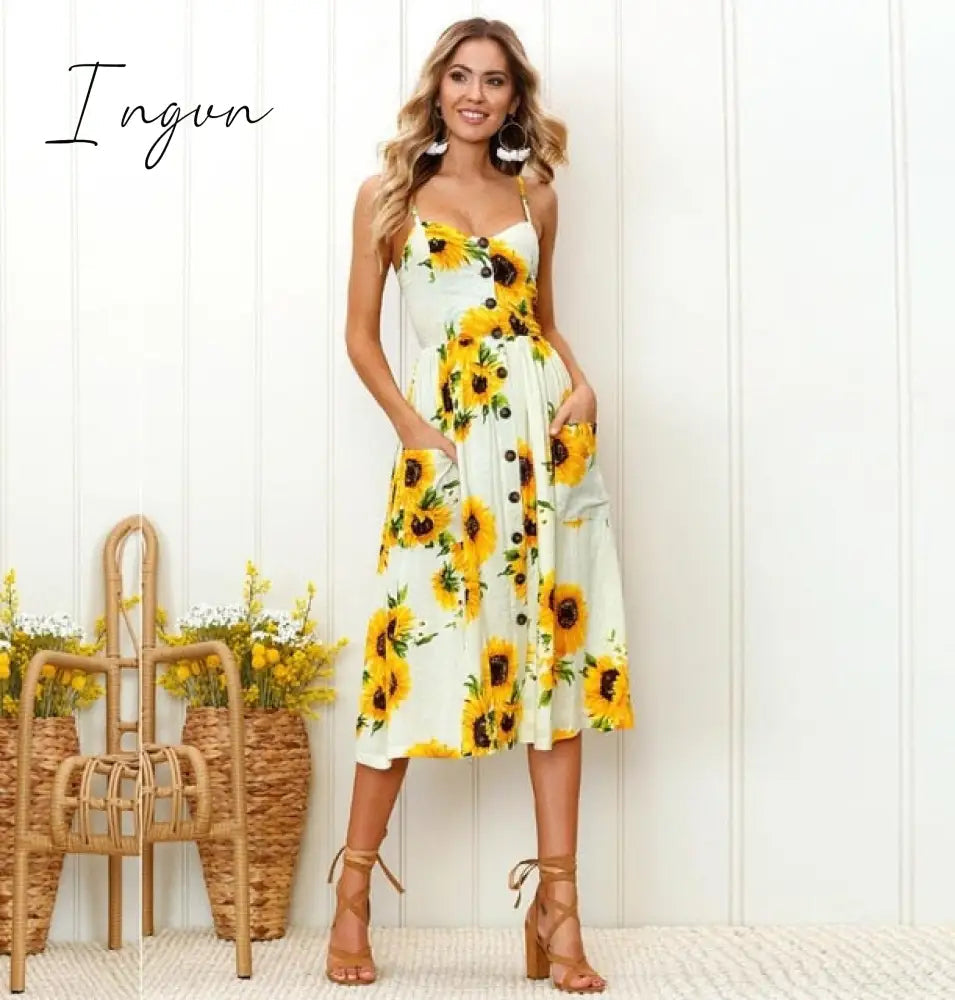 Ingvn - Vintage Casual Sundress Female Beach Dress Midi Button Backless Polka Dot Striped Women Dress Summer Boho Sexy Floral Dress