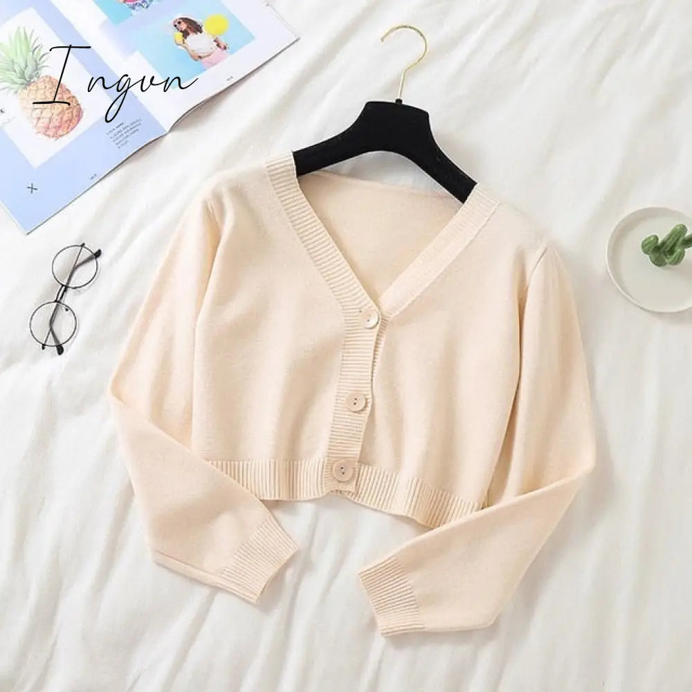 Ingvn - Spring Newly Green Cropped Cardigans Women Loose Ladies Short Knitted Sweaters Long Sleeve V neck Solid Chic Streetwear