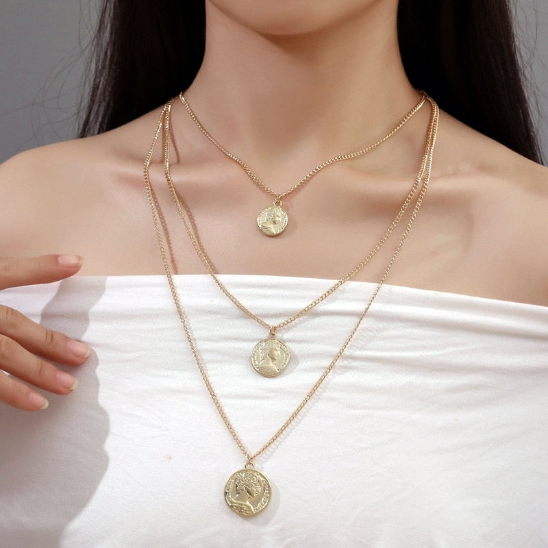 Retro Portrait Exaggerated Thick Chain Necklace Double Layer Cool Chain Hip Hop Necklace Short Clavicle Chain Accessories