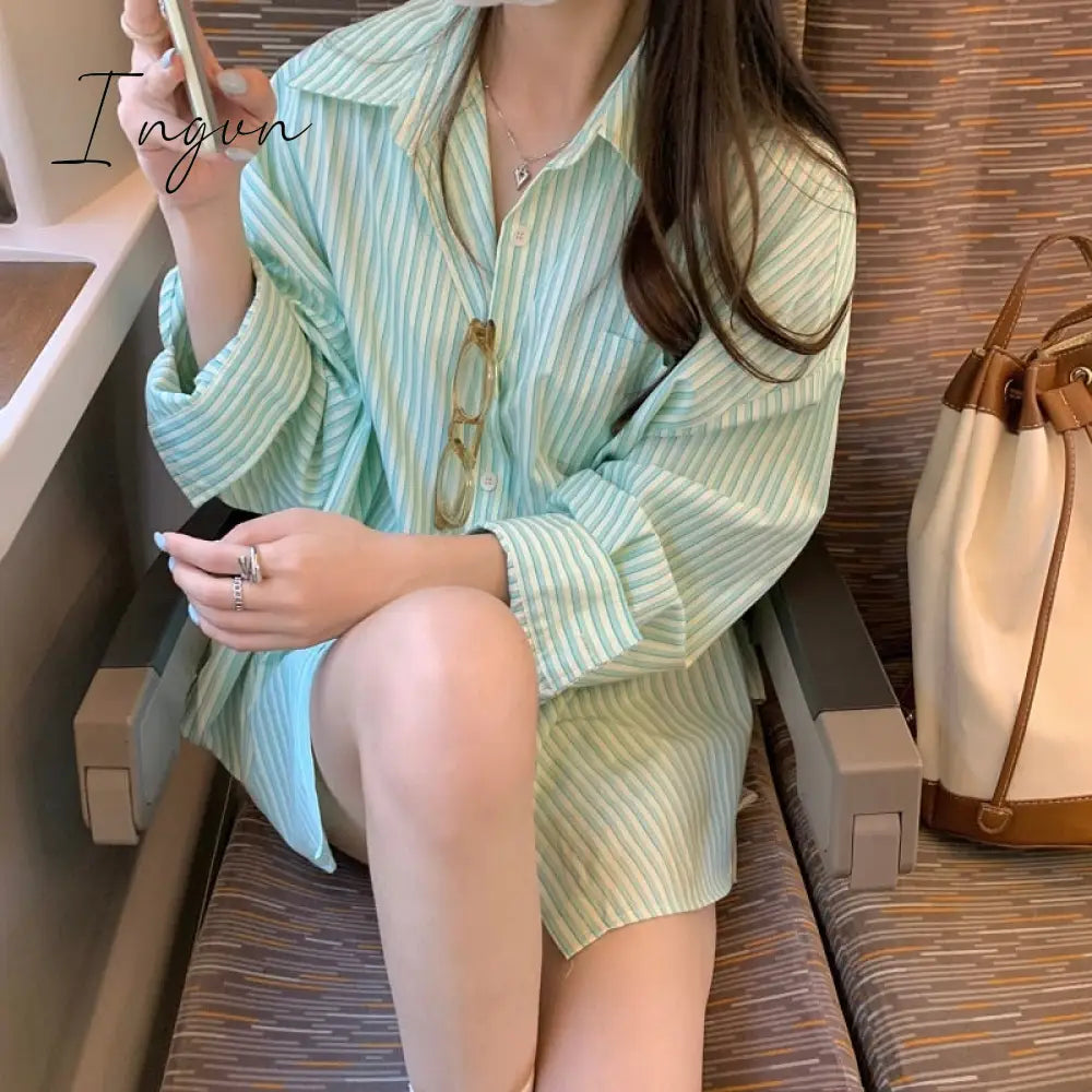 Ingvn - Striped Shirt for Women 2023 New Korean Fashion Long Sleeve Turn Down Collar Blouse Ladies Oversized Casual Long Top