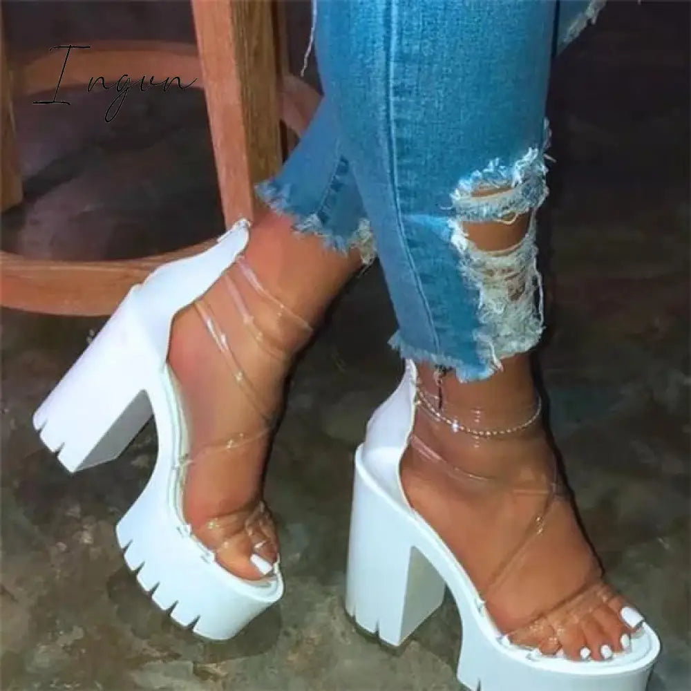Ingvn - Chunky Heel Zipper Open Toe Strappy See-Through Sandals