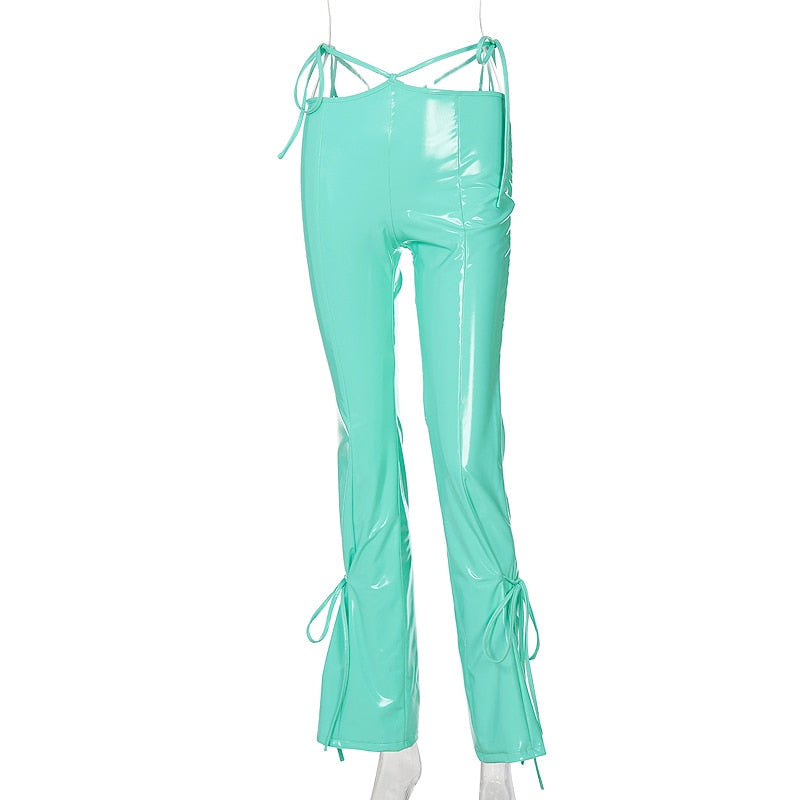 High Waist Solid Pu Leather Bandage Cut Out Pants Autumn Winter Women Fashion Streetwear Casual Flares Trousers