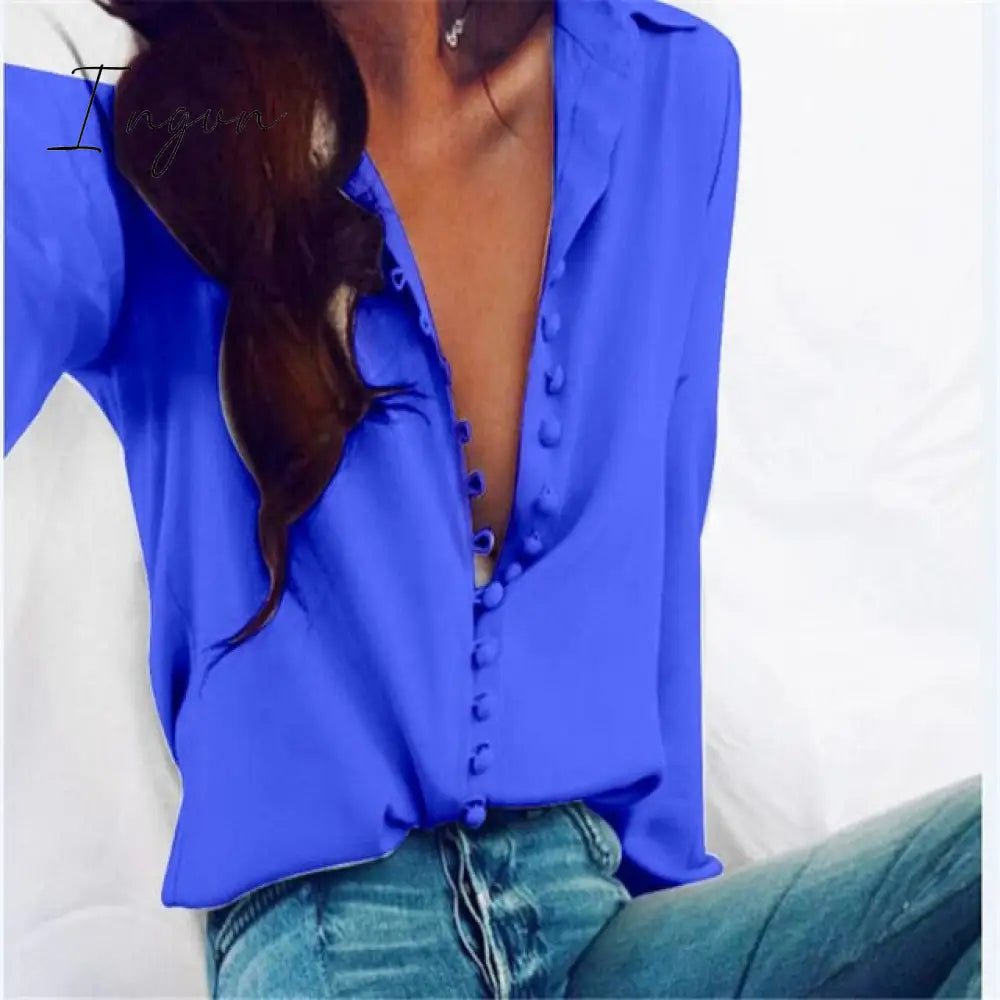 Ingvn - Fashion Women Blouse Shirt  Spring Women Clothing Solid Buttons Long Sleeve Shirts Tops Ladies OL Shirt White Office Shirt