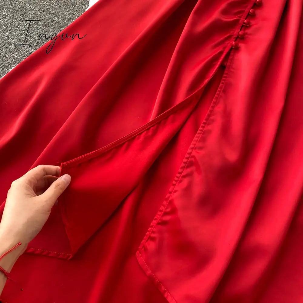 Ingvn - Womens Fashion Irregular Maxi Dress Women Design Hollow Puff Sleeve A-line Dress New Autumn Casual Vacation Split Long Dress