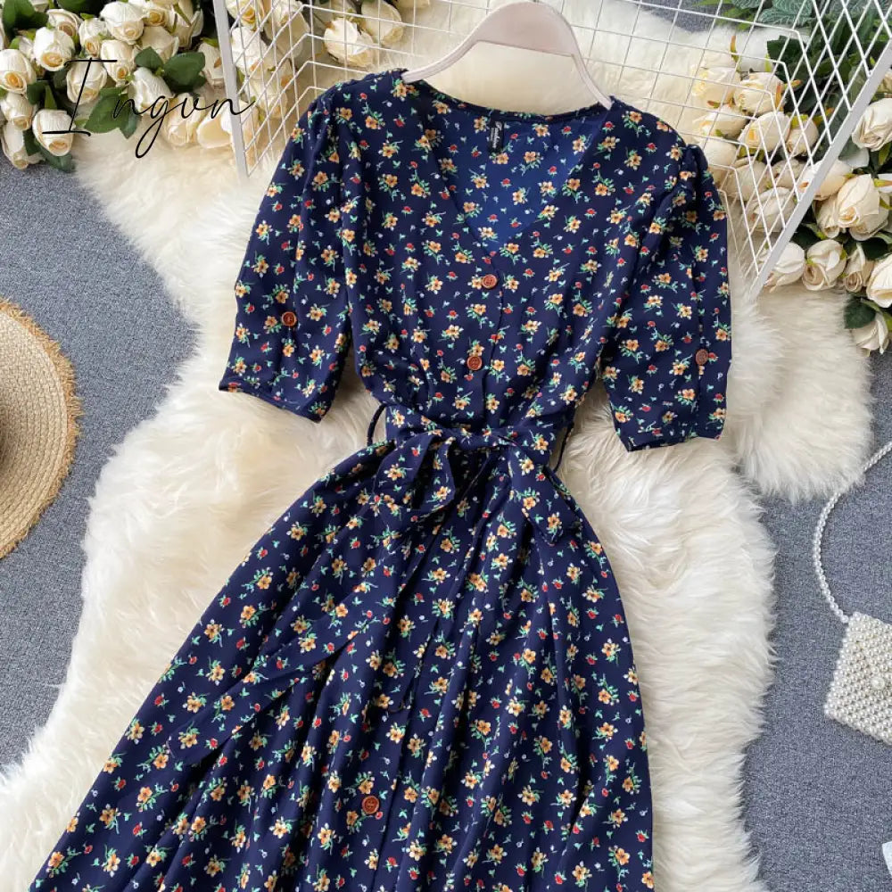 Ingvn - beach Red elegant sexy Dress women Summer Autumn V-neck polka dot midi dress waist split dress vestidos de fiesta clothes