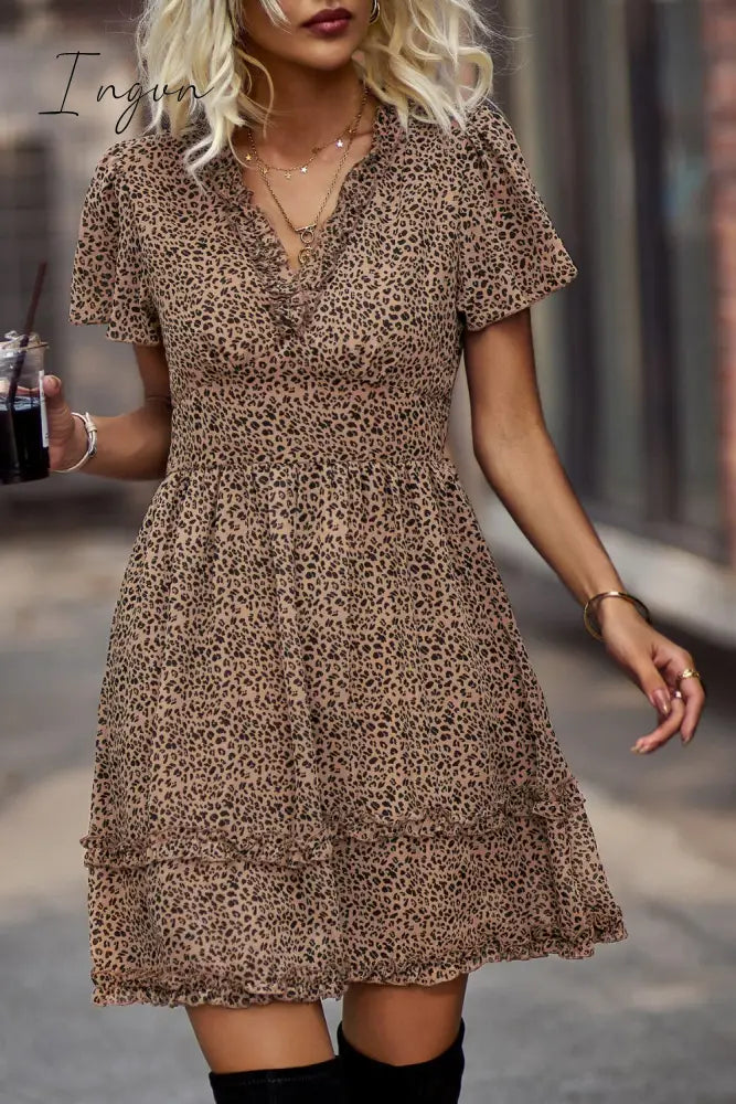 Ingvn - Printed Flutter Sleeve V-Neck Dress