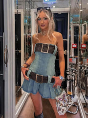 Vintage Y2k Strapless Denim Dress Women Summer Bodycon Sexy Korean Fashion Kpop Belt Pleated Mini Dress 2000s Streetwear