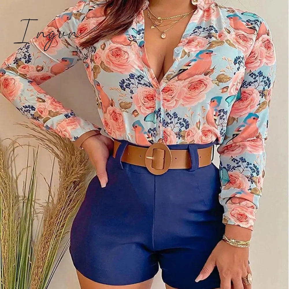 Ingvn - Shorts Sets Women's Summer Suit High Waist Shorts LongSleev Shirts Two Piece Set Printed Leisure Sets Womens Outfits Shorts Set