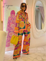 Ingvn - Loose Satin Sleepwear for Women Fashion Print Vintage Silk Pajamas Set 2 Pcs Long Sleeve Pants Female Homewear Chic Summer Suit