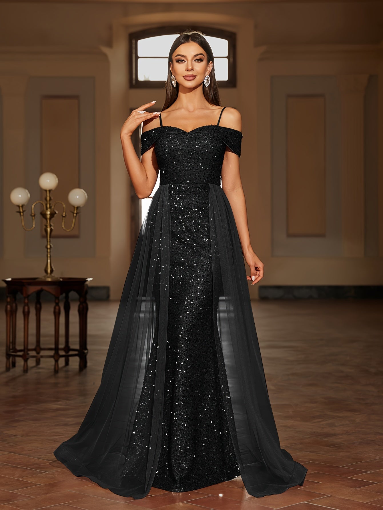Sequined Contrast Mesh Cold Shoulder Asymmetrical Dress, Elegant Bodycon Dress For Party & Banquet, Women's Clothing
