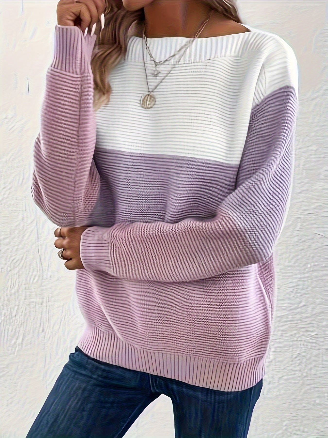 Color Block Boat Neck Pullover Sweater, Casual Long Sleeve Loose Sweater, Women's Clothing