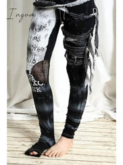 Ingvn - Women's cool ultra gathered pants Halloween gothic rocker distressed punk tie leggings gray black red s m l xl xxl