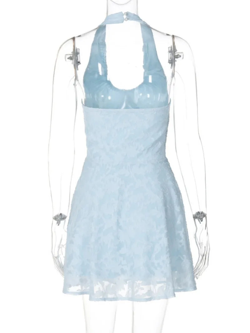 Ingvn  Woman Clothes Sexy Halter Neck Backless Floral Zip-up Blue Short Dress Female Summer Lace-up Tunics A-line Holiday Party Dresses