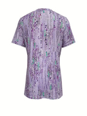 Trendy Womens Summer Shorts Outfit Set - Vibrant Allover Print V-neck T-shirt with Short Sleeves & Skinny Shorts - Lightweight, Comfortable, Figure-Flattering Casual Wear