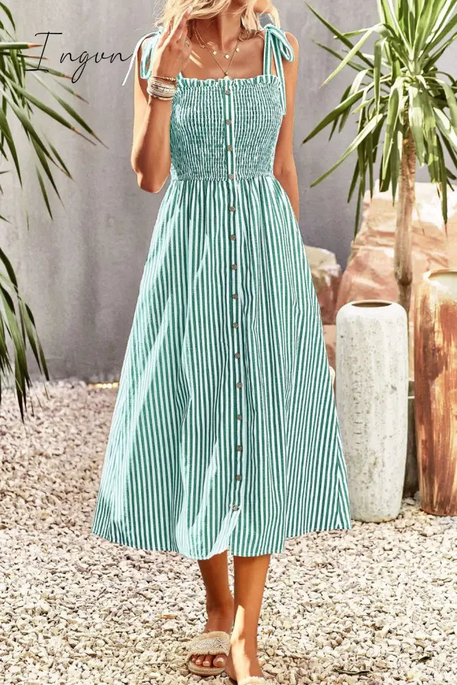 Ingvn - Smocked Tie Strap Sleeveless Striped Midi Dress