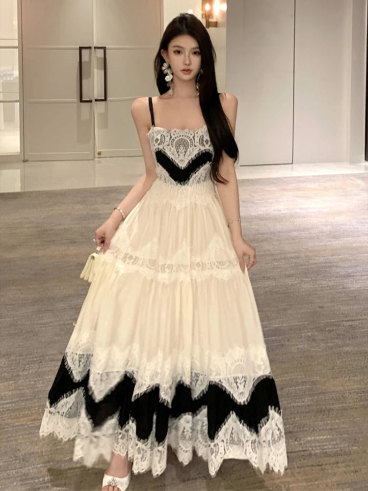Vintage Fashion Women's Black Beige Patchwork Elegant Pleated Evening Party Dress French Summer Sleeveless Backless Slip Dresses