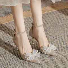 Ingvn  Elegant Silver High Heels Pumps Women Autumn Plus Size 42 Ankle Straps Party Shoes Woman Pointed Toe Bowtie Wedding Shoes