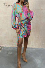 Ingvn - Casual Print Patchwork V Neck Irregular Dress Dresses