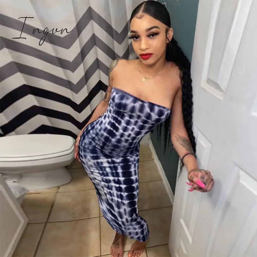Ingvn - Stripe Tie Dye Print Sexy Maxi Dress Spring Casual Long Dress Women Nightclub Long Sleeve Bodycon Dresses C70CC31