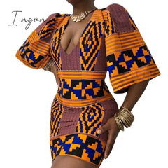 Ingvn - African Dresses for Women New Fashion Summer V-neck African Short Sleeve Printing Dress African Women Clothes