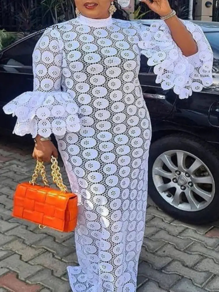 Ingvn - New Fashion African Women Dresses Dashiki Elegant Maxi Long White Lace Hollow Out Muslim Fashion Abayas Robe Abaya Dubai Luxe Party Clothes