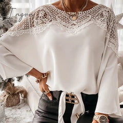 Ingvn - New Crochet Embroidery Lace Blouses Women Autumn Sexy Lace Stitching White Shirts Vintage Elegant Ladies Tops Blusas 12459